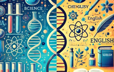 DALL·E 2024-08-21 09.13.15 - A vibrant and engaging cover image for a Grade 9 Science and English course. The image should be split into two sections. The Science section should f