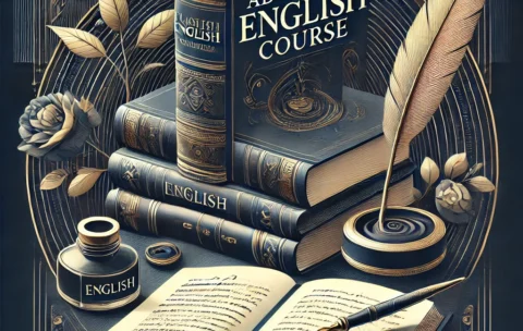 DALL·E 2024-08-22 09.30.24 - A sophisticated and modern cover image for an Advanced English course. The design should include a stack of classic literature books with titles visib