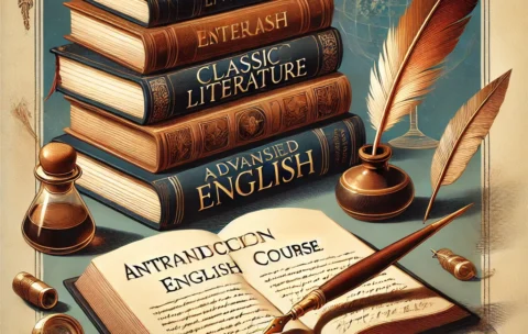 DALL·E 2024-08-22 09.42.18 - A visually appealing image for the introduction of an Advanced English course. The design should feature a stack of classic literature books, an open